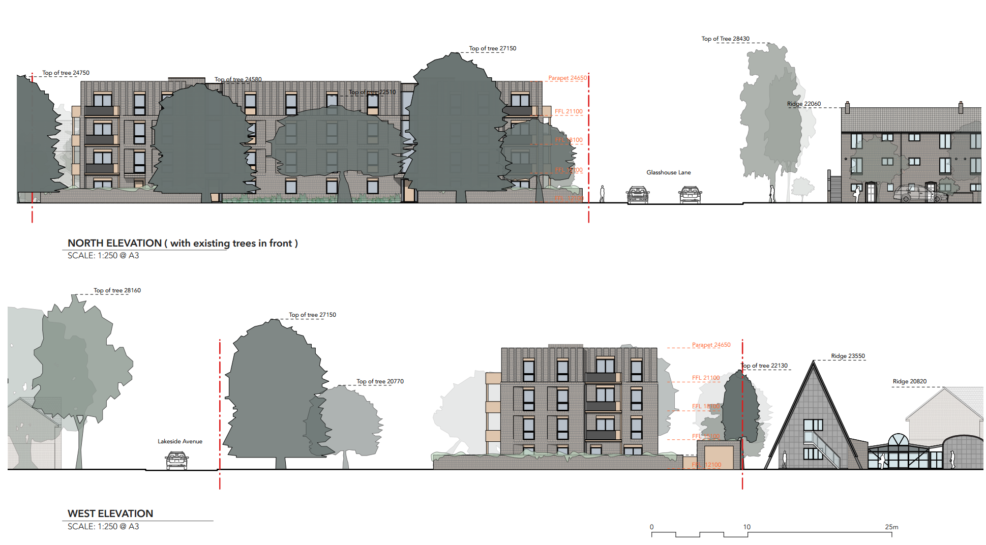 Image showing proposed building elevations from the north and the west.