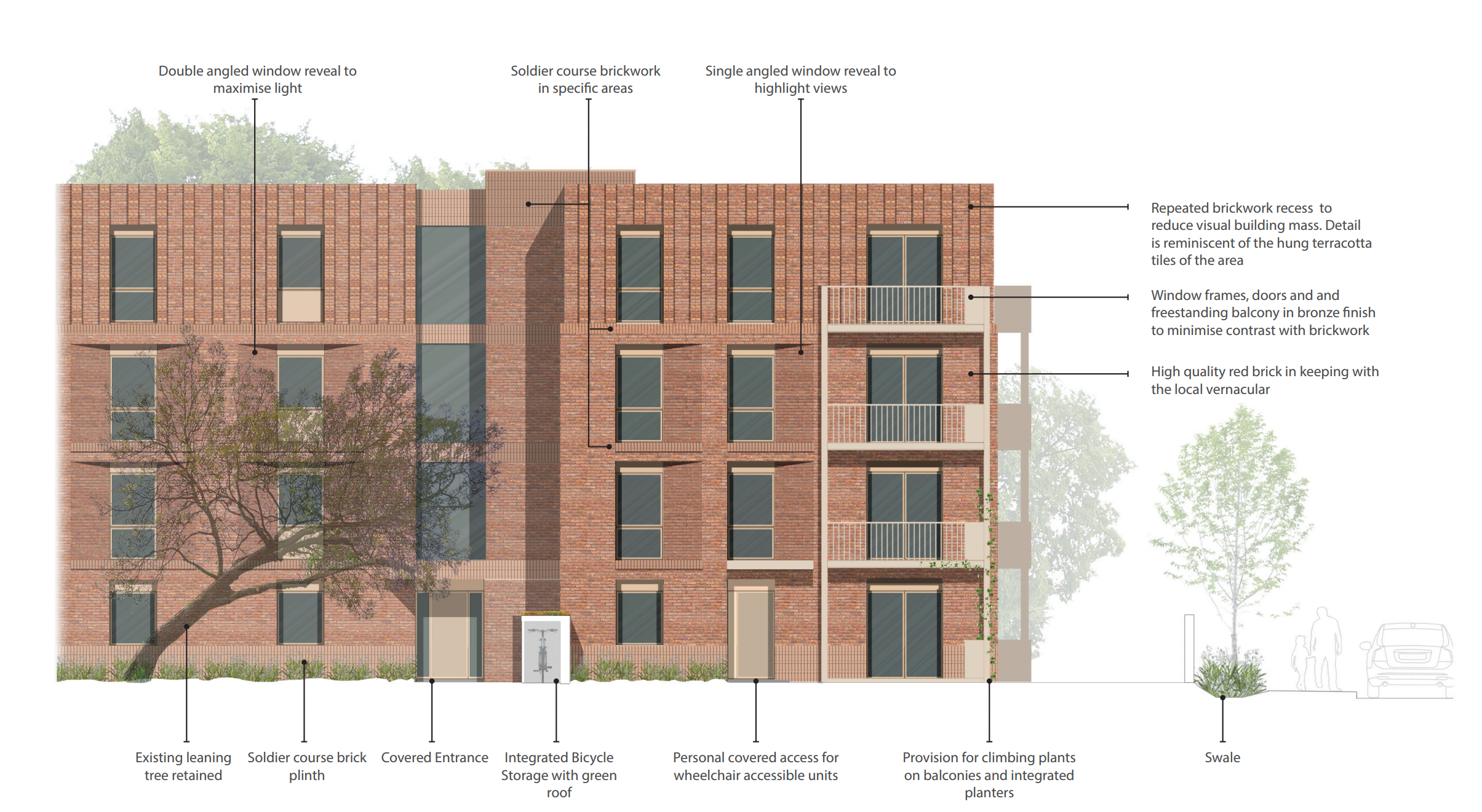 This image shows an elevation study, detailing various aspects of the buildings appearance and features, such as the soldier course brickwork, freestanding balconies and double angled window reveals