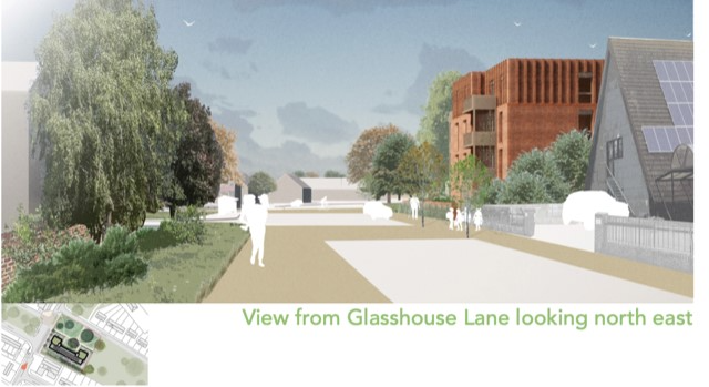 This image provides an artist's impression of the new building as seen from Glasshouse Lane medical centre looking north east 