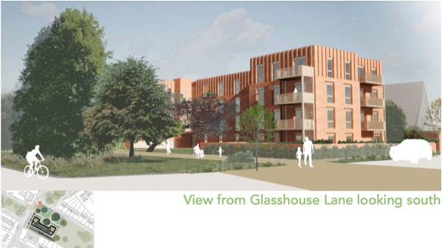 This image provides an artist's impression of the new building as seen from the corner of Greenview Court looking south towards the site