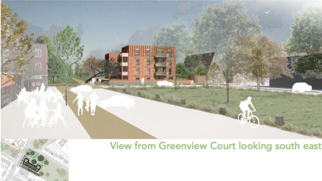 This image provides an artist's impression of the new building as seen from further back in Greenview Court looking south east towards the site