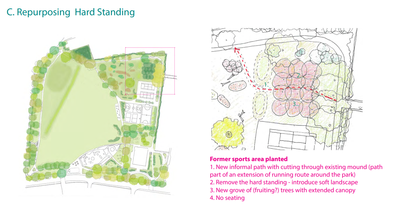 Map of current basketball courts changes to dense canopy of trees- North East corner