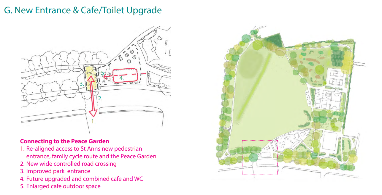 Map showing new entrance to align to St Ann's crossing and a refurbished cafe with external toilets.