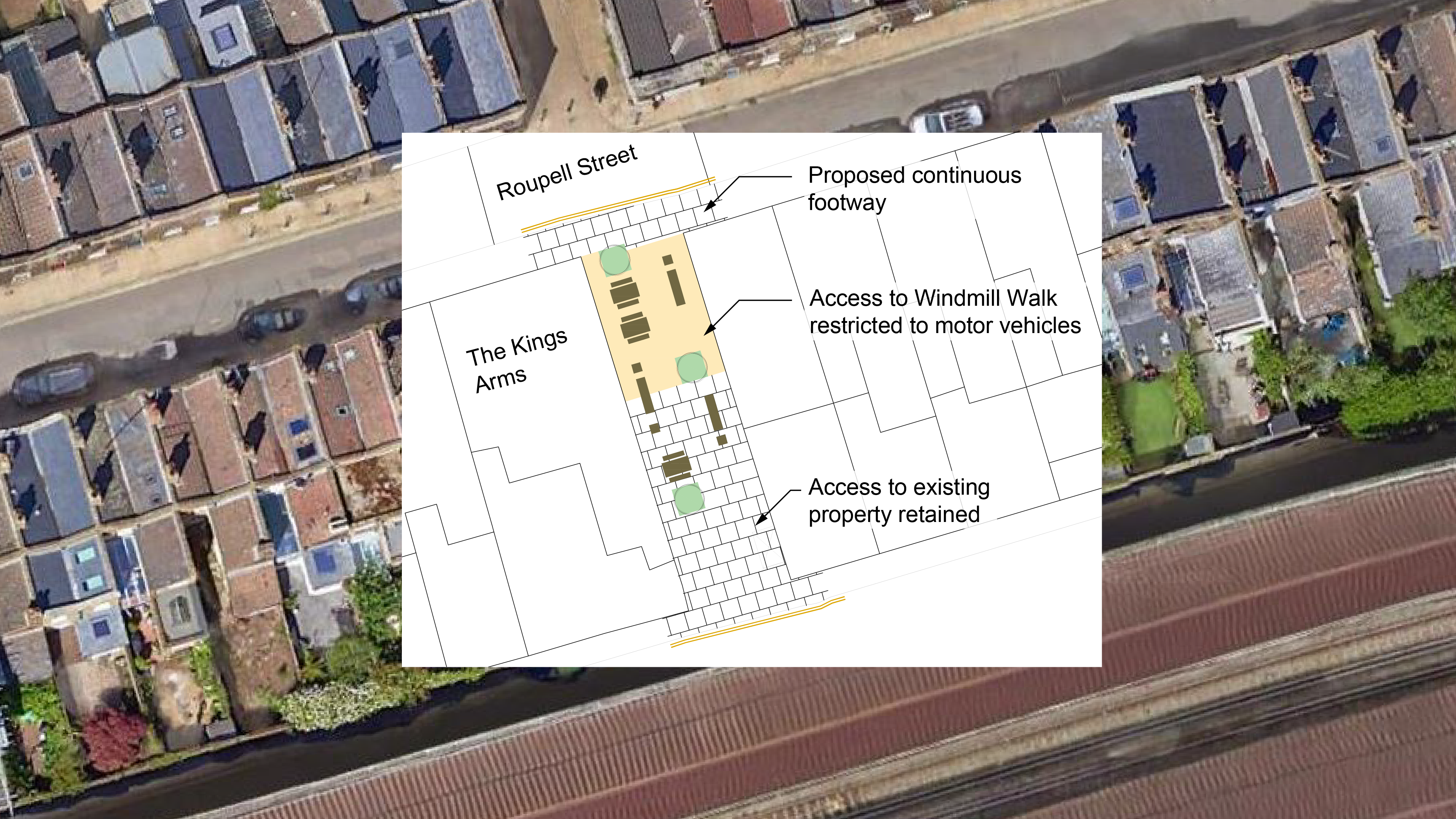 Proposal in plan view: pedestrianisation of Windmill Walk with introduction of greenery, tables and chairs