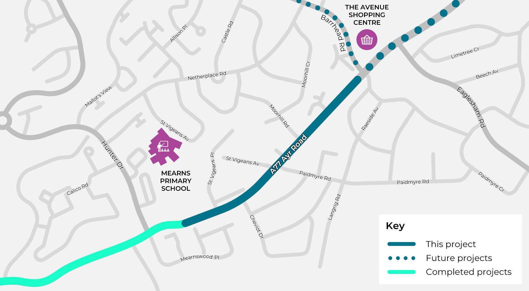 Location map highlighting the section of Ayr Road between Hunter Drive and Barrhead Road.