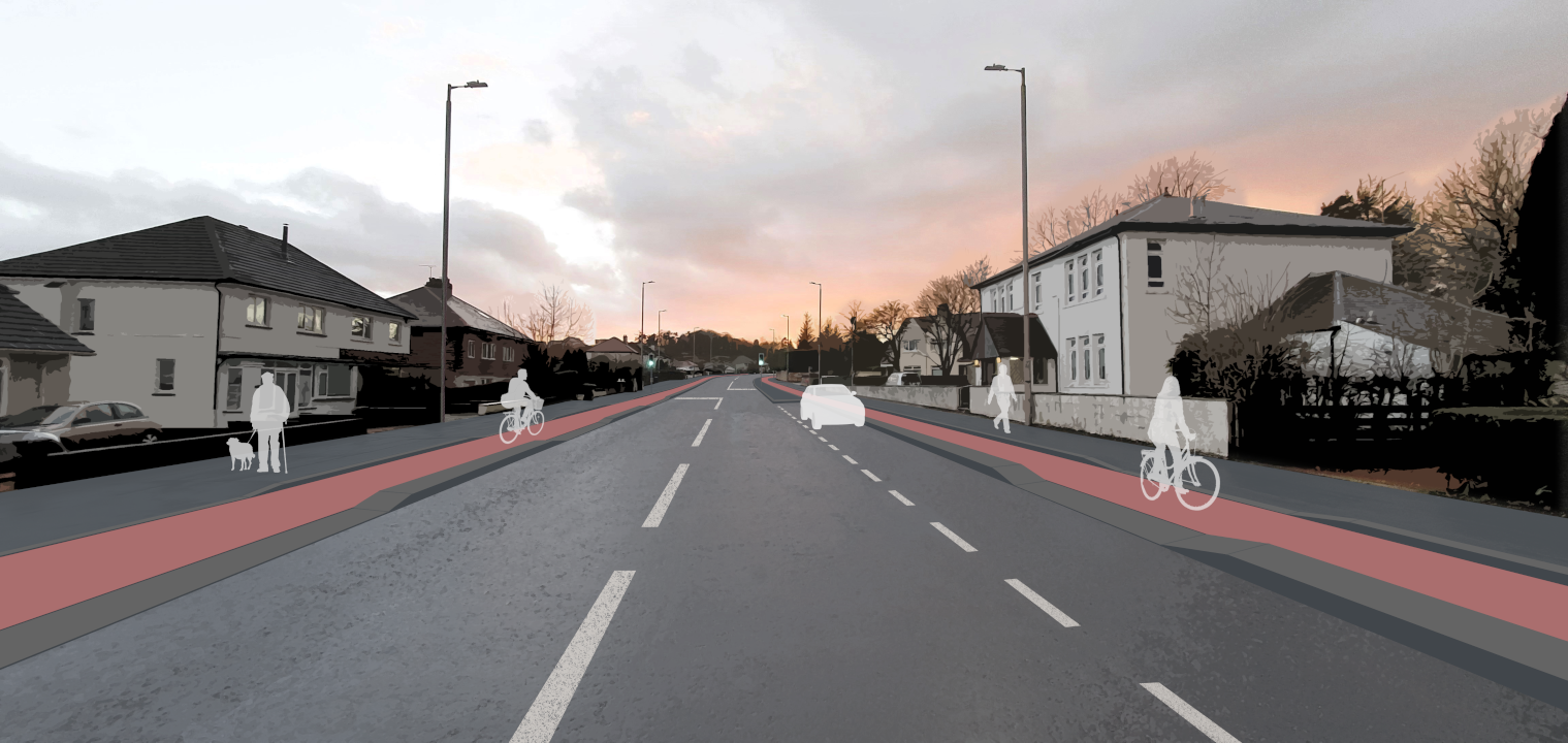 Computer generated image showing proposed layout of Ayr Road. There are separated cycleways and dedicated on-street parking bays.