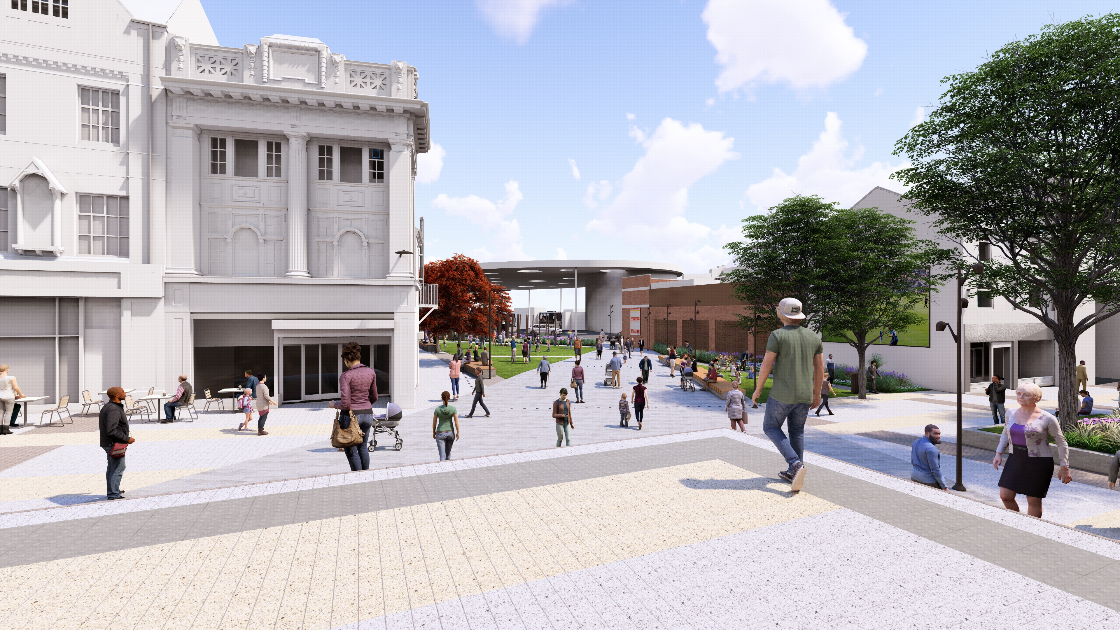 The same view, however in this CGI rendering, two of the buildings have removed, making the passageway wider so that there is a clear view of the bus station. There is more greenery, with grass and trees lining the walkway.