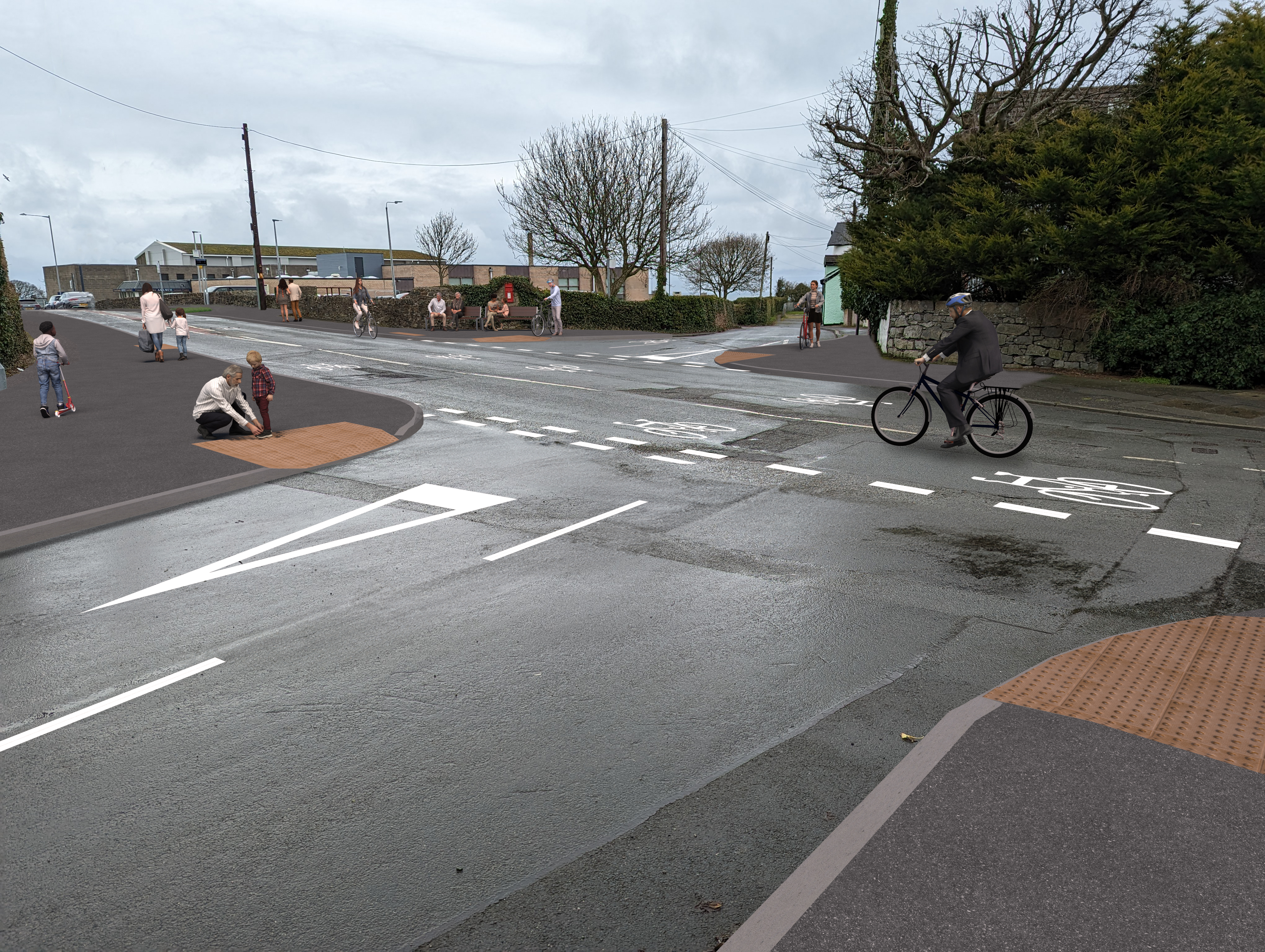 Corridor 1 along Ffordd Tanybryn after the proposed improvements including improved road markings, dropped kerbs and tactile pavements