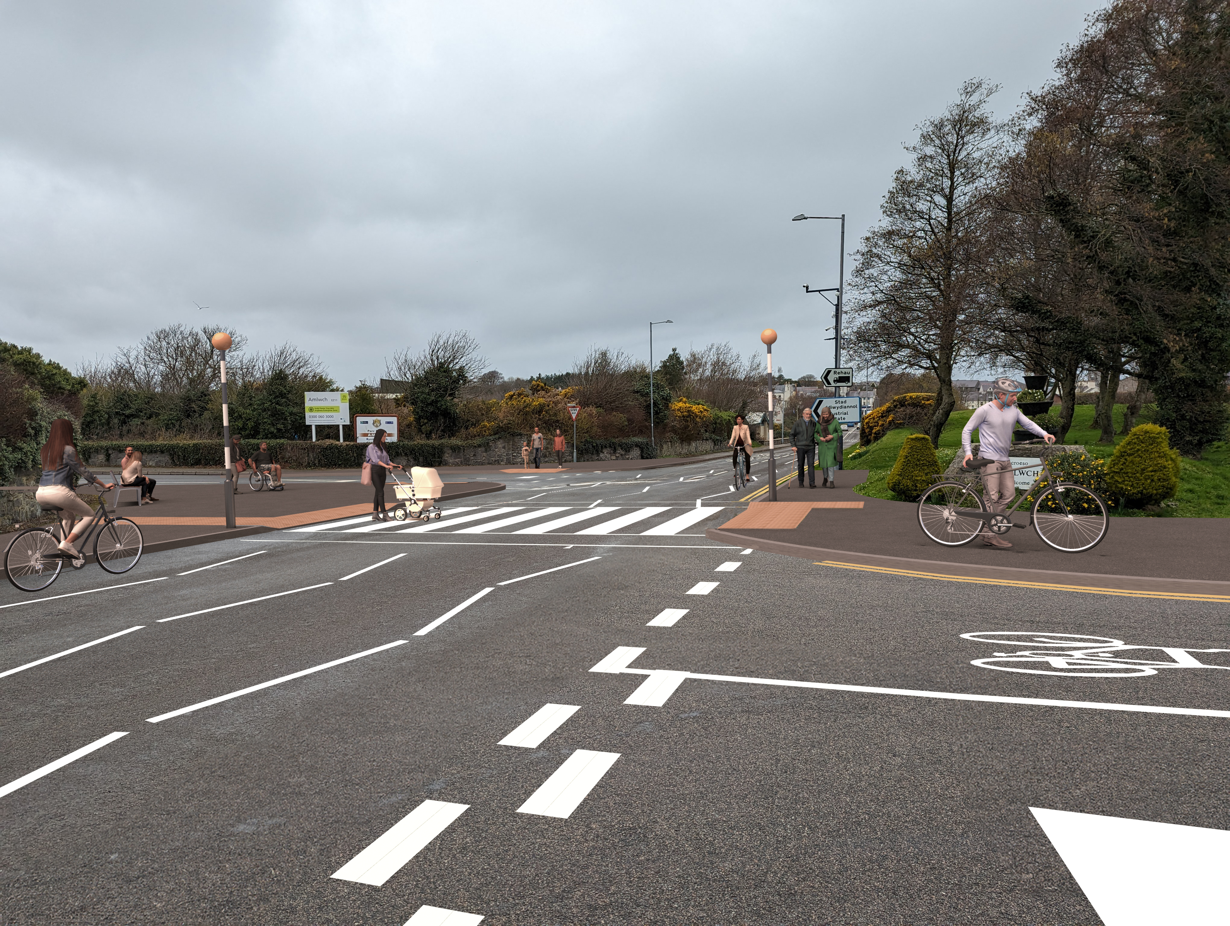 Corridor 3 at the industrial estate junction after the proposed improvements including a new zebra crossing and improved road markings. 