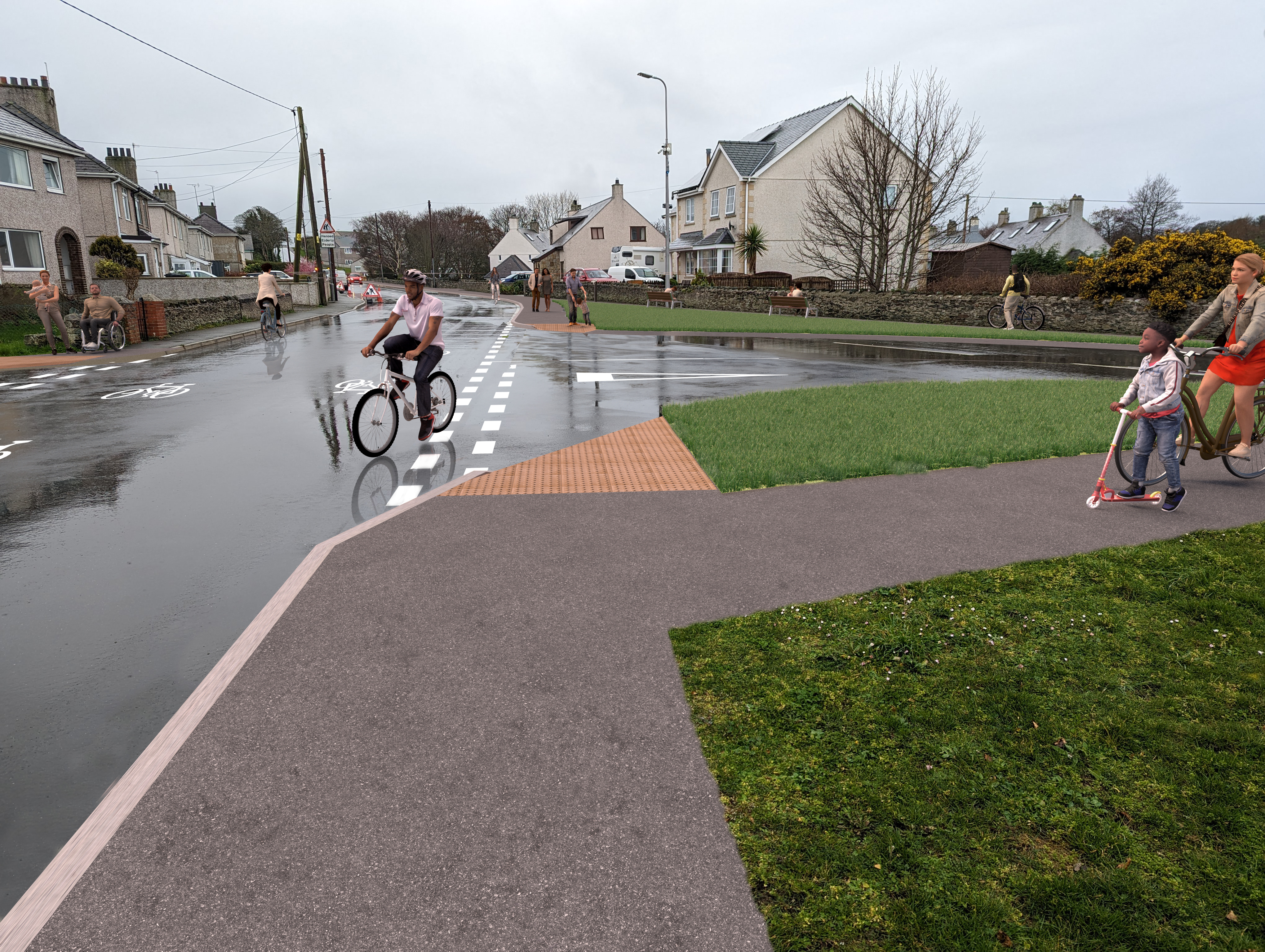 Corridor 4 along Ffordd Madyn after the proposed improvements including improved road markings, a new path and dropped kerbs and tactiles.