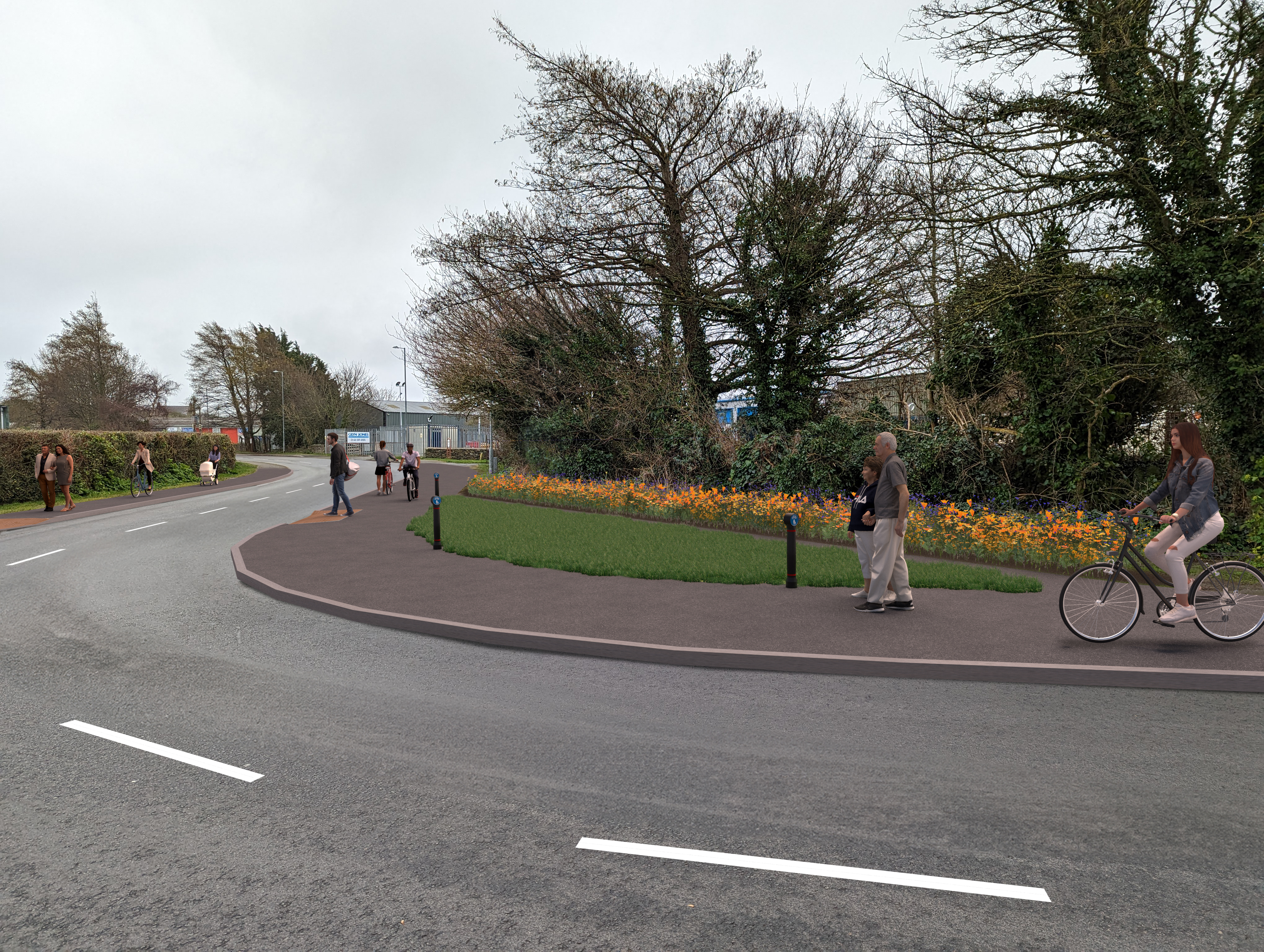 Corrido 5 at the industrial estate after the proposed improvements including a new shared use path and improved planting area