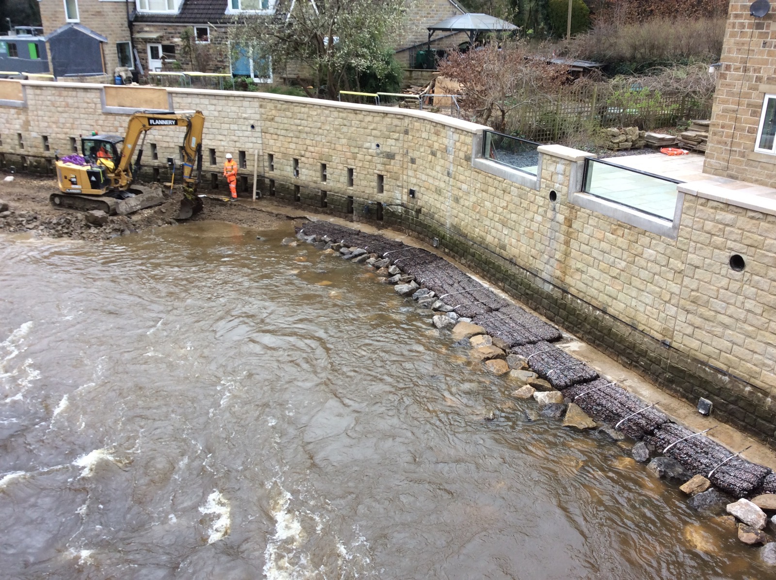 Works on the flood defence walls in Newlay