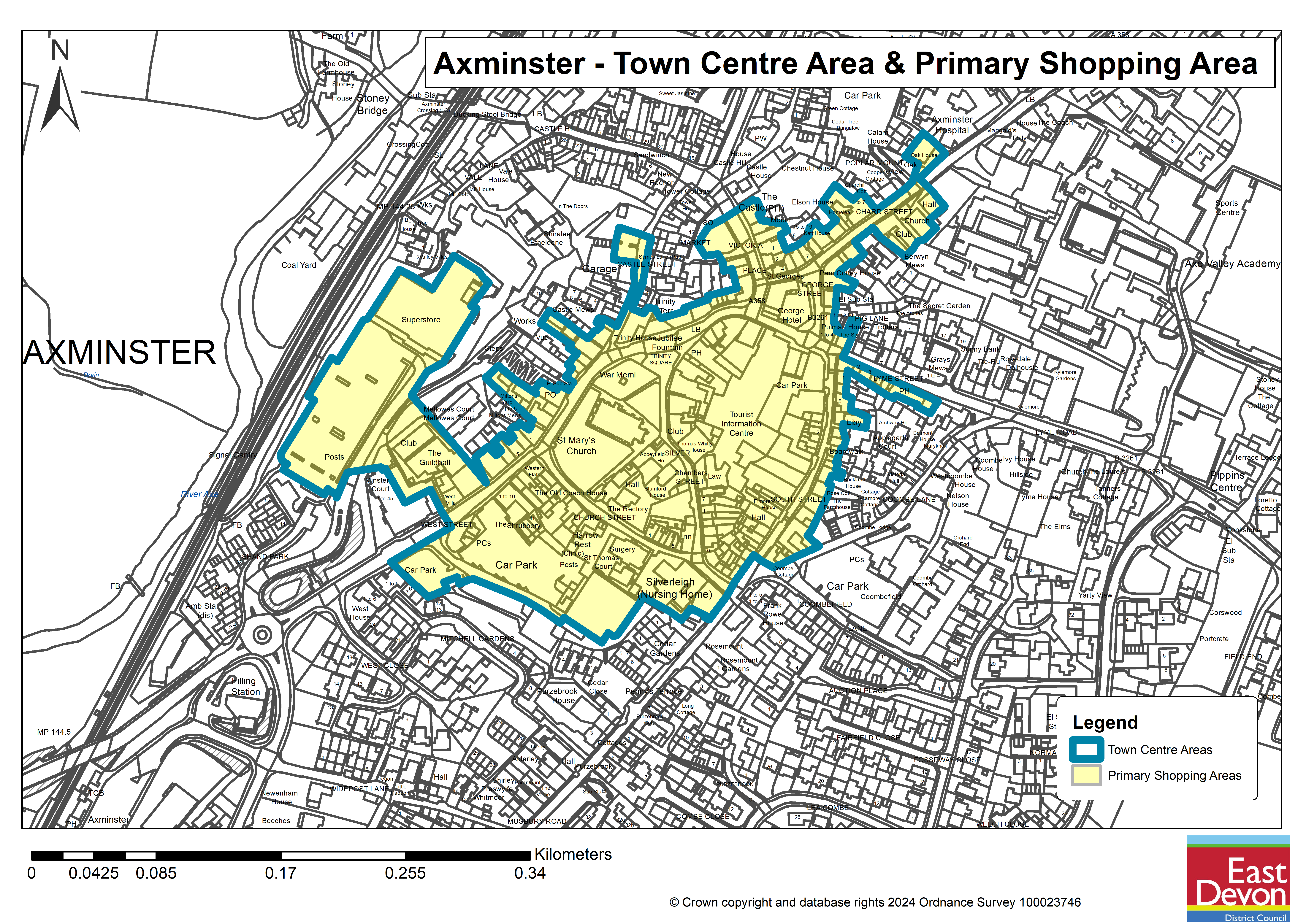 Map of the proposed Axminster Town Centre Area and Primary Shopping Area