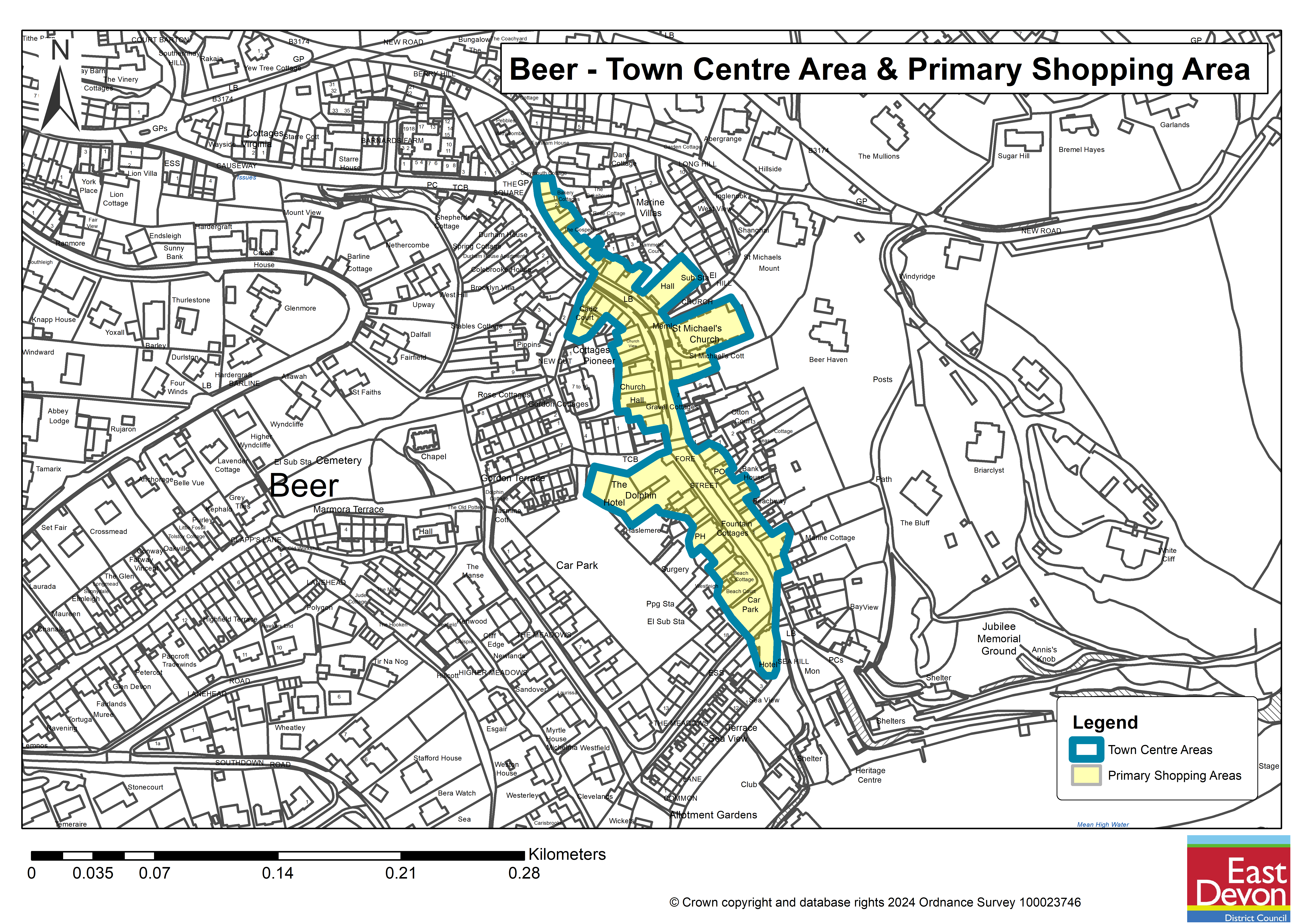 Map of the proposed Beer Town Centre Area and Primary Shopping Area