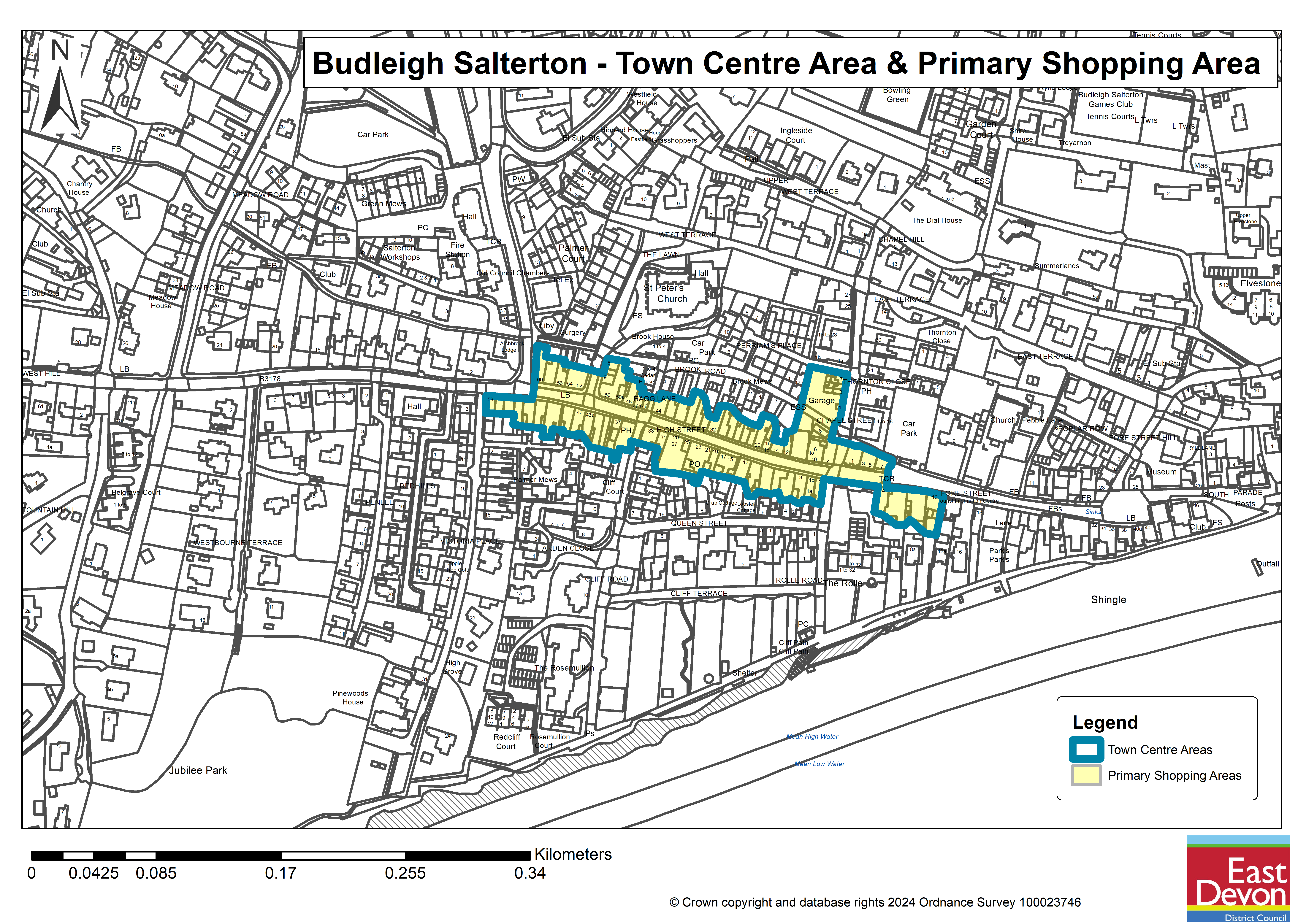 Map of the proposed Budliegh Salterton Town Centre Area and Primary Shopping Area