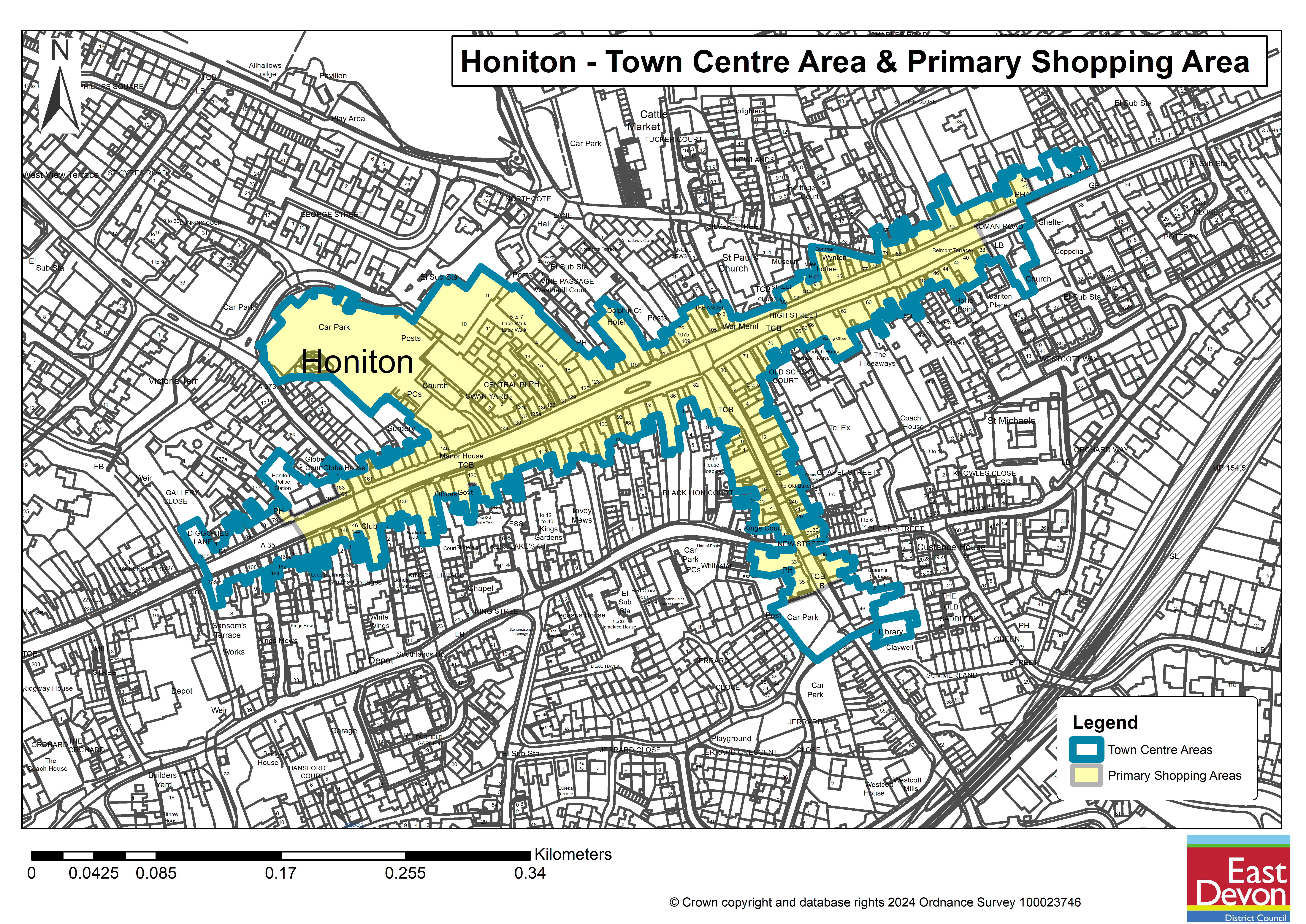 Map of the proposed Honiton Town Centre Area and Primary Shopping Area