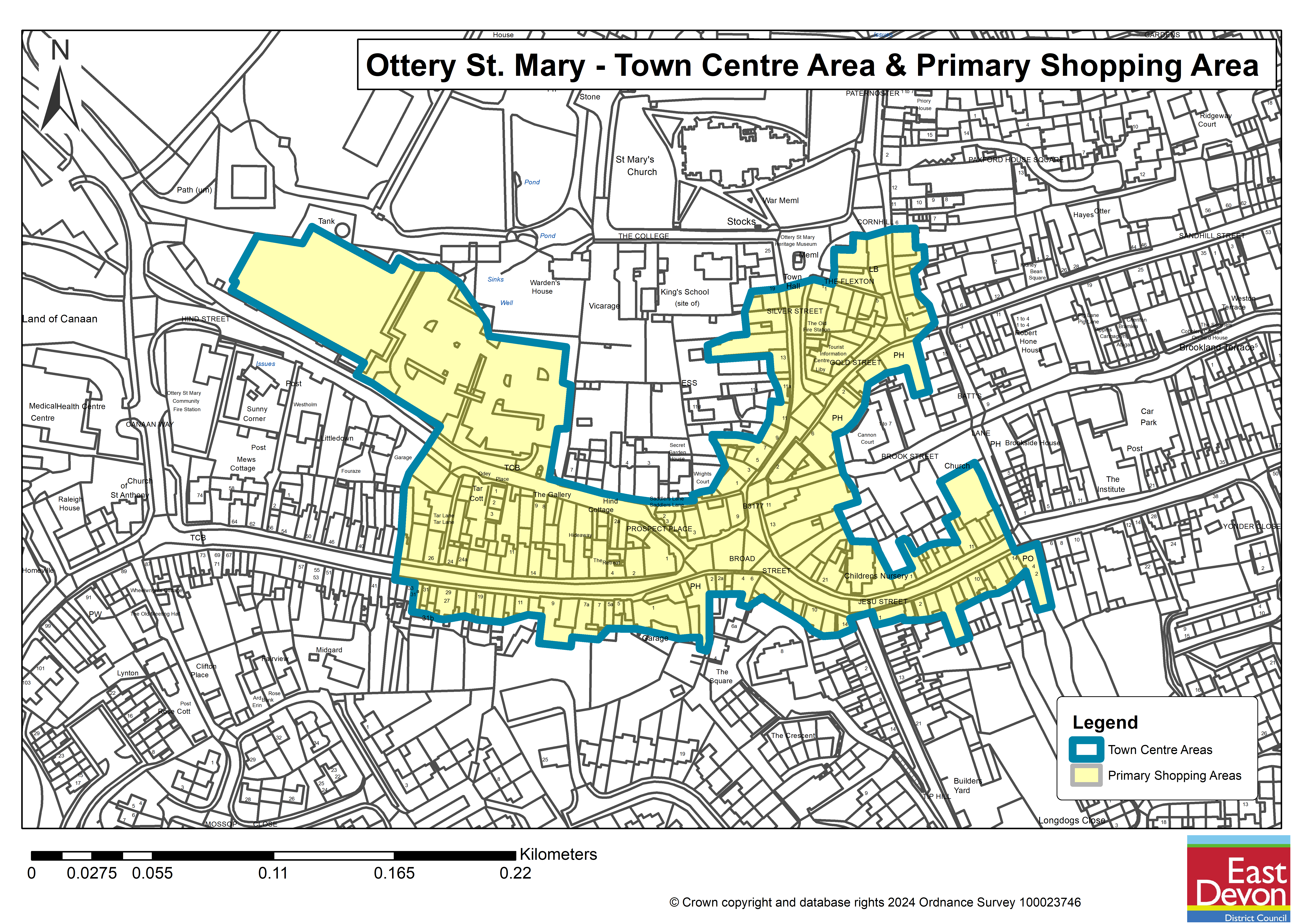Map of the proposed Ottery St Mary Town Centre Area and Primary Shopping Area