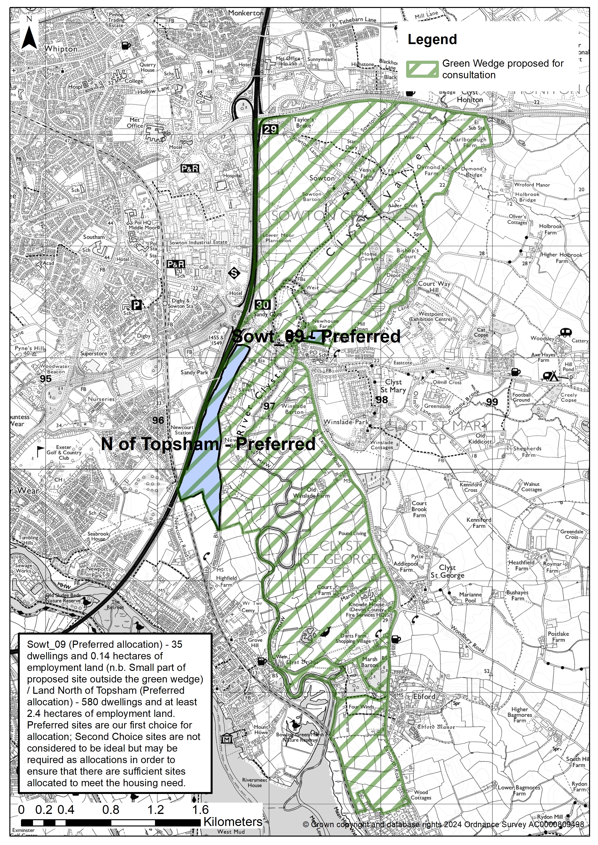 Map of the proposed Green Wedge on land east of Exeter & the M5 and the villages of Sowton, Clyst Honiton & Topsham