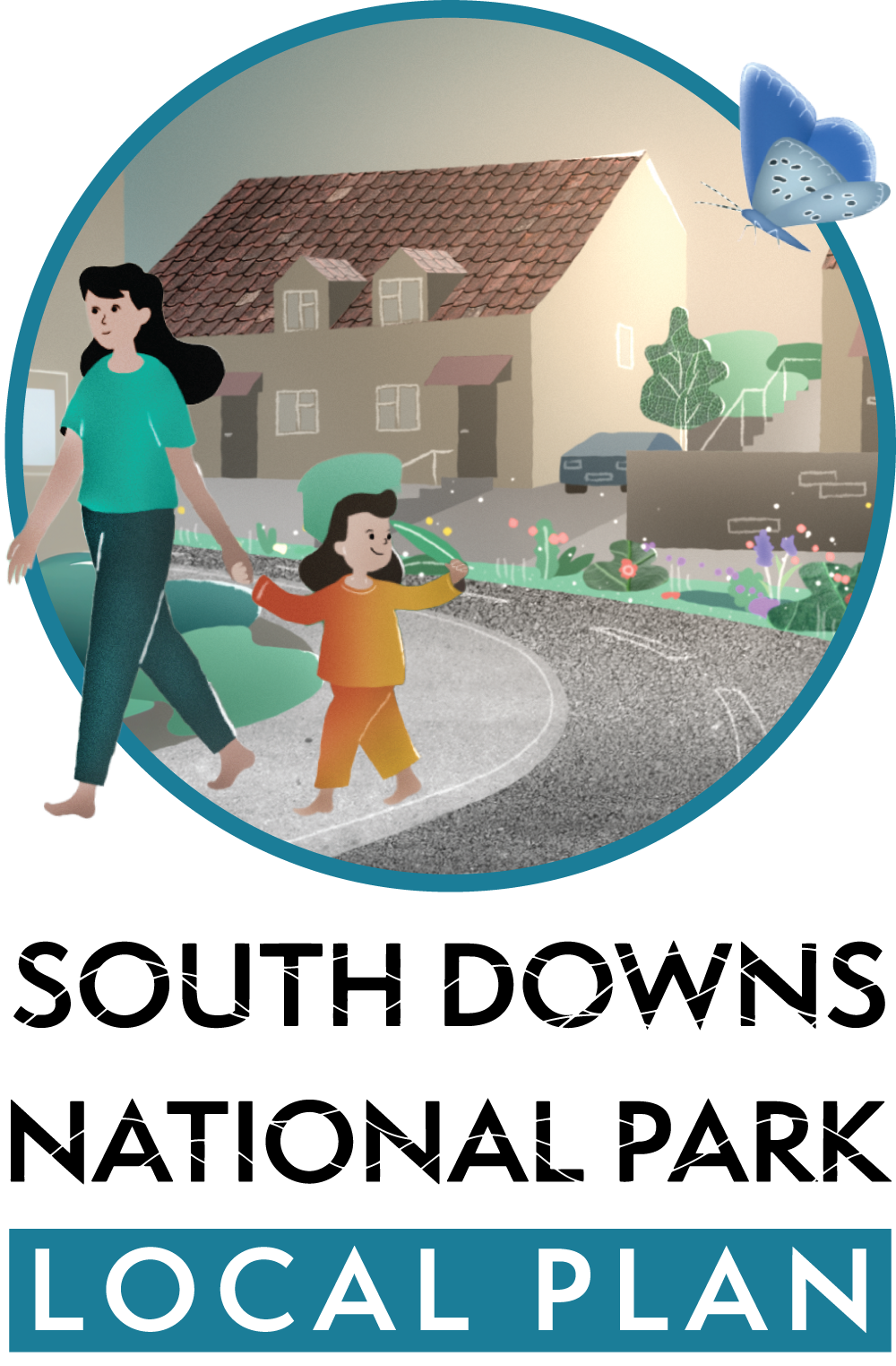 South Downs National Park Local Plan logo showing young child and adult walking by homes with blue butterfly