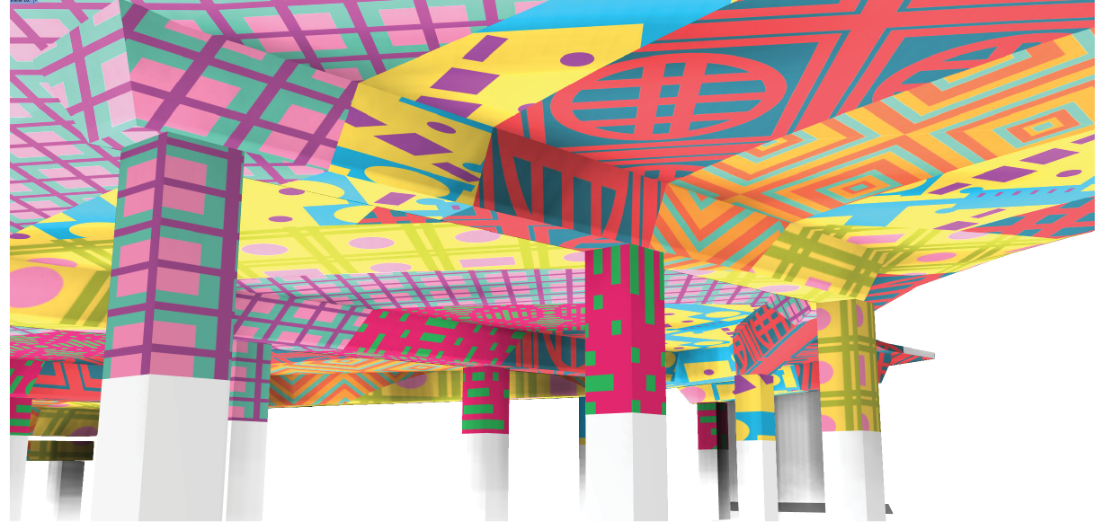 A view of the underpass painted with a multi-colour collage of pattern