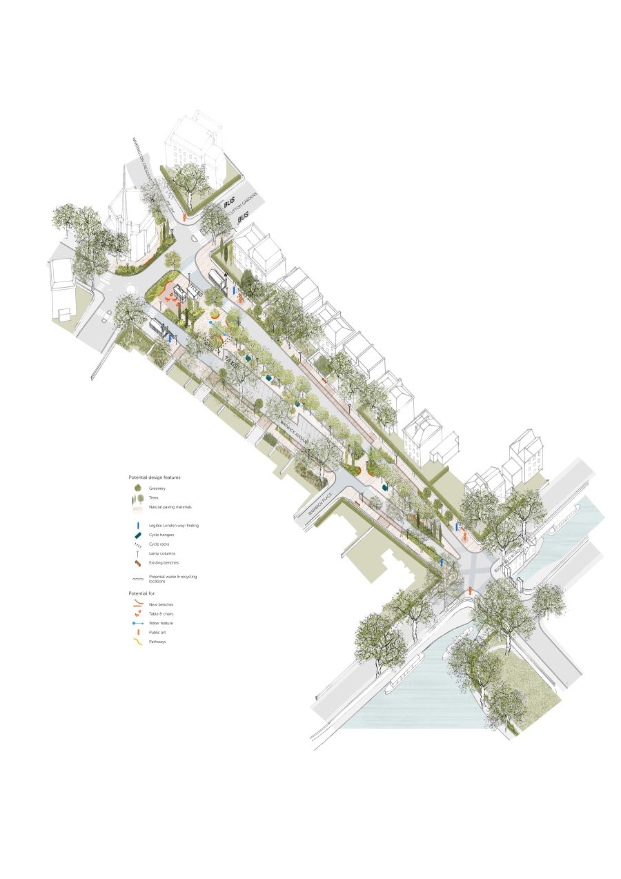 This proposal includes all the benefits of the baseline proposal ‘An Improved Neighbourhood Space’ and proposes to additionally create wider footways, more greening, trees and other improvements on both sides of Warwick Avenue.