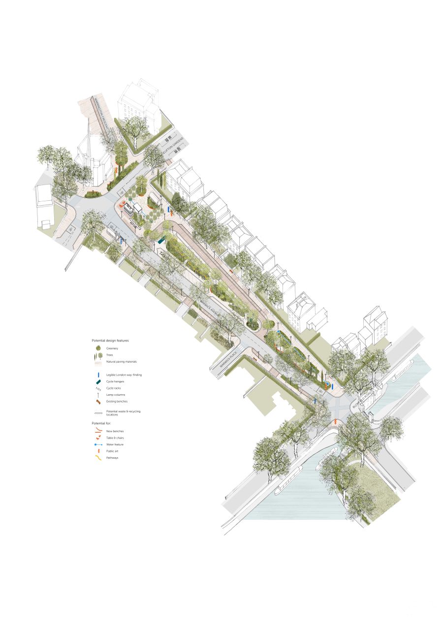 This design takes a different approach to the baseline proposal, and offers a more ambitious approach by simplifying road layouts to create a two-way street and a new series of gardens from north to south.