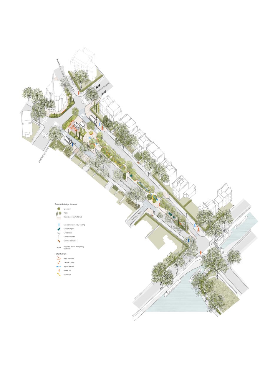 This proposal includes all the benefits of the baseline proposal ‘An Improved Neighbourhood Space’ and proposes to additionally create wider footways, more greening, trees and other improvements down both sides of Warwick Avenue.