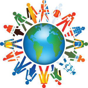 Image of the world with figures dressed in different colours