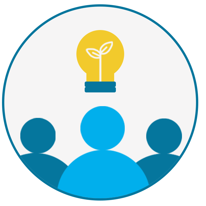 Three people icons with a lightbulb above them inside a circle
