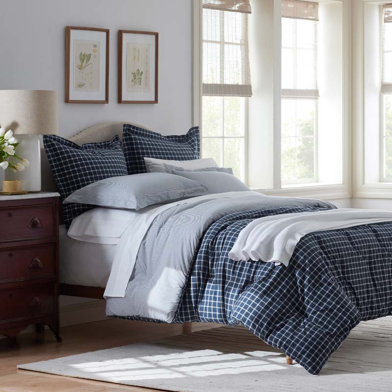 Ensemble De Couette King Size Plaid 3 Pièces - Bleu Marine Réversible, Motif Patchwork, 100% Polyester