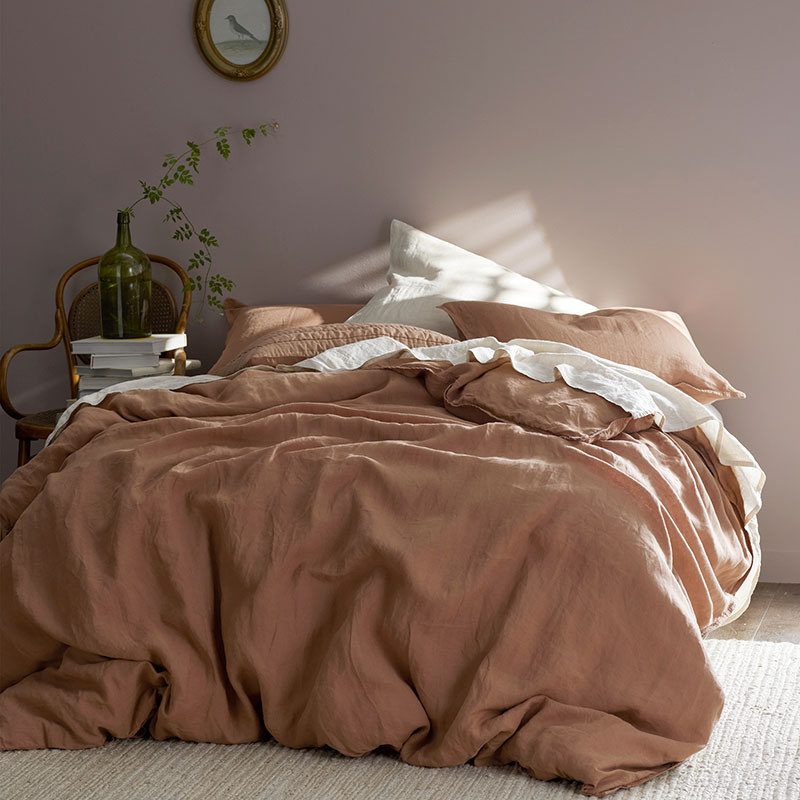 Premium Breathable Washed Linen Solid Duvet Cover - Terracotta, Full/Queen - Terracotta Orange