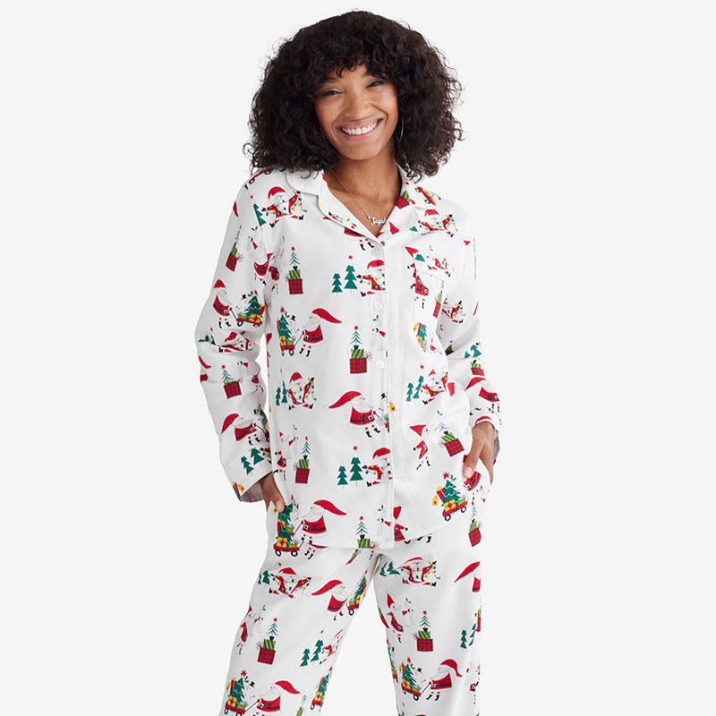 Autumn Winter Women Pajama Set Cotton Linen Flowers Print