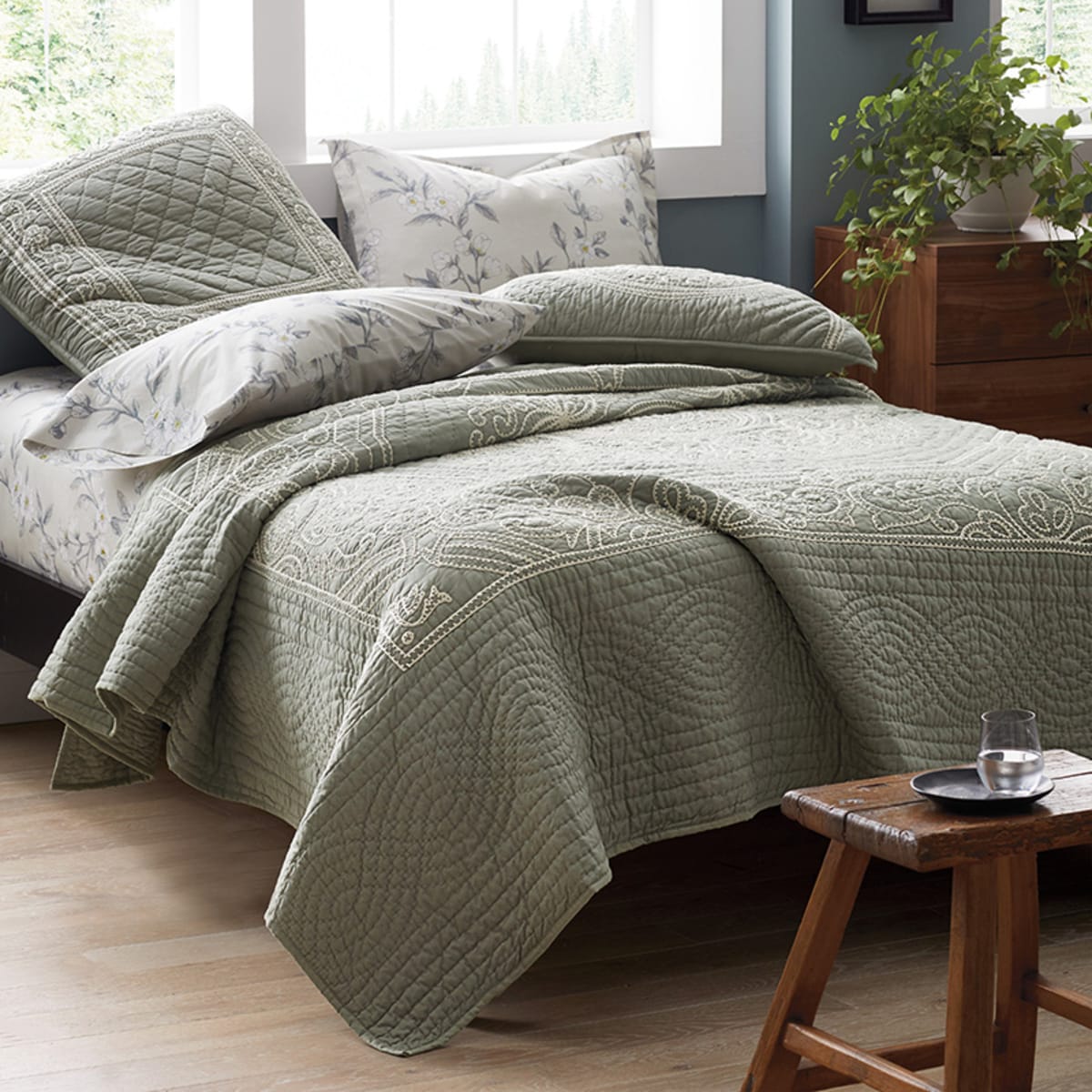 Sage Medallion Whole Cloth Cotton Quilt