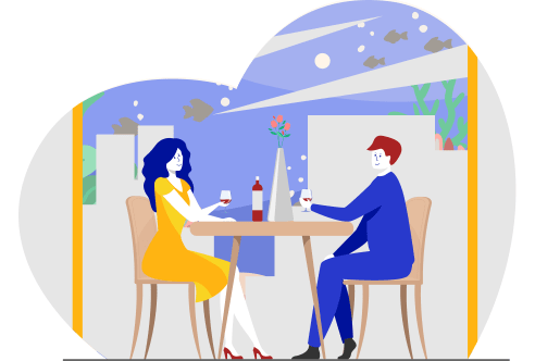 ilustração casal jantando num restaurante subaquático