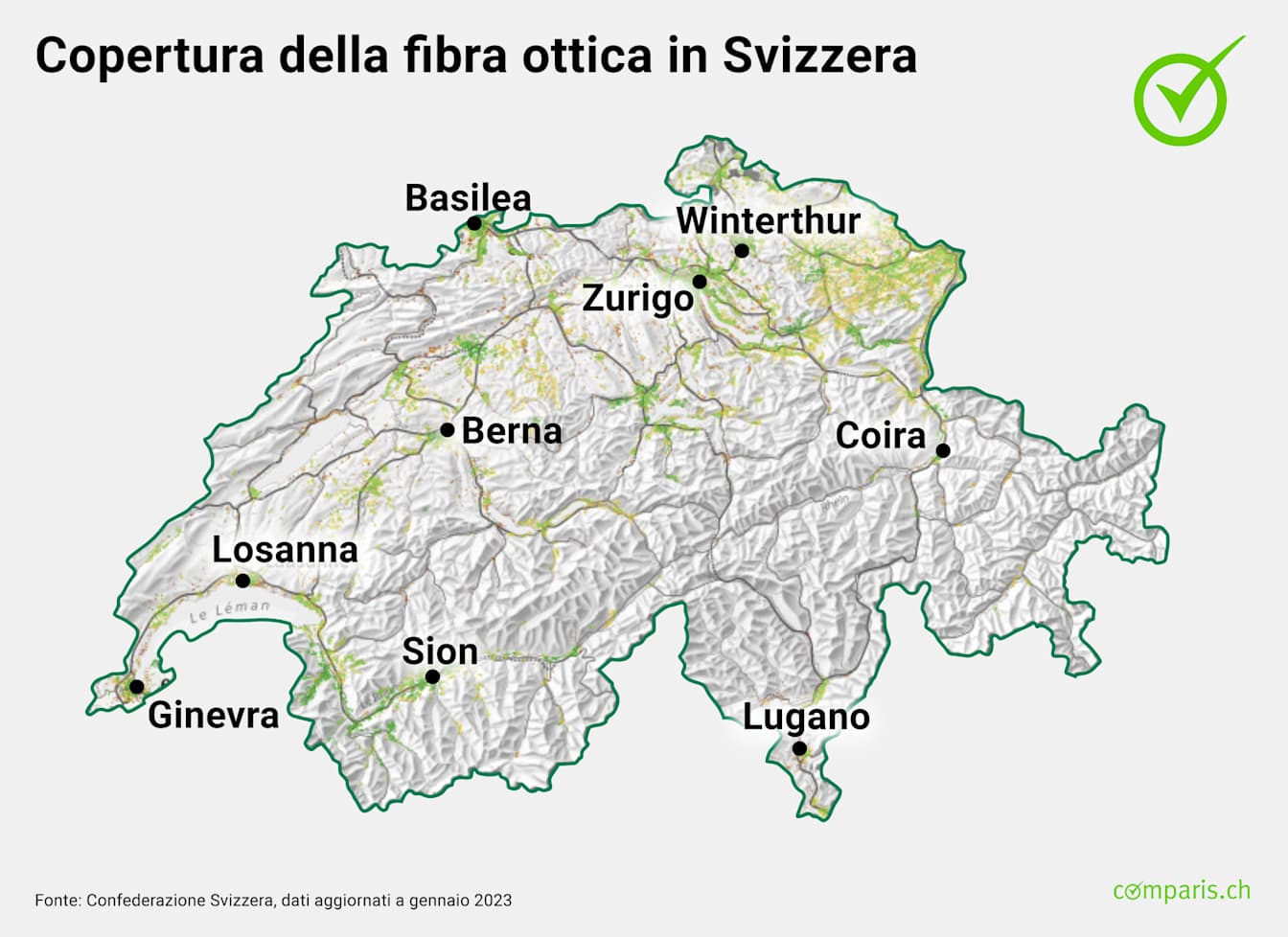 Una mappa della Svizzera che mostra la copertura della fibra ottica