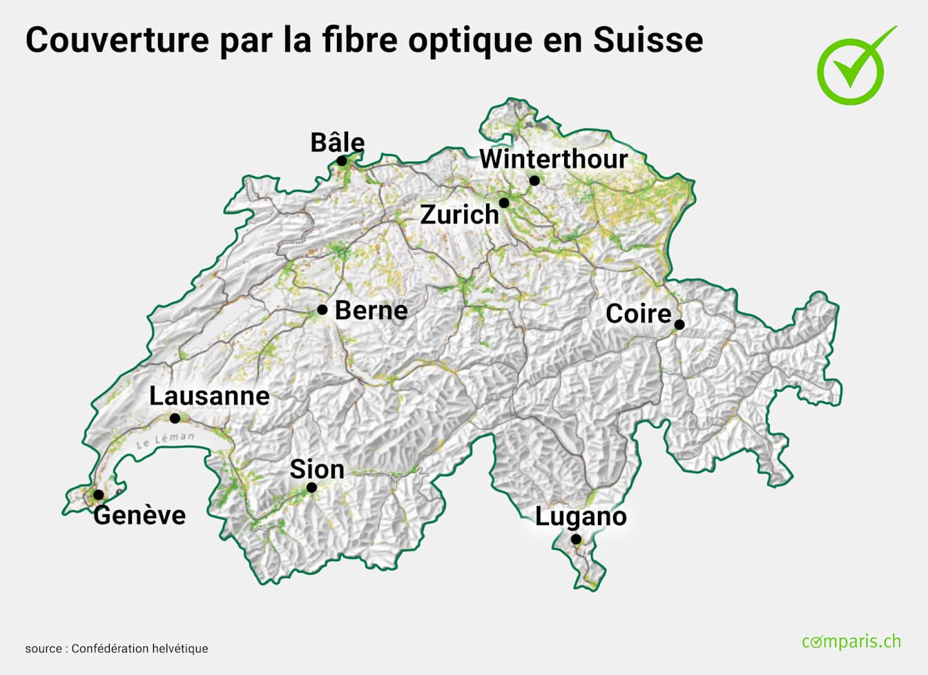 Une carte de la Suisse montrant la couverture par la fibre optique.