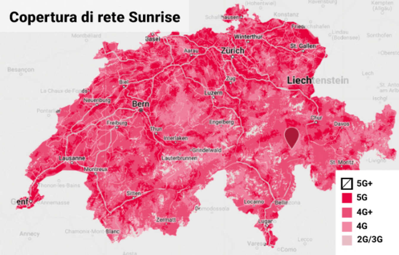 Cartina svizzera con la copertura di rete Sunrise nelle diverse regioni