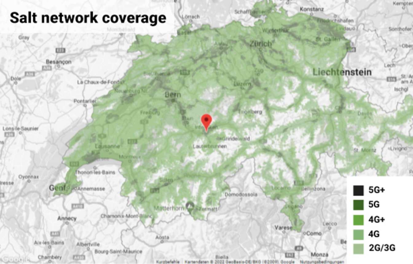 Swiss map with Salt's network coverage in the different regions