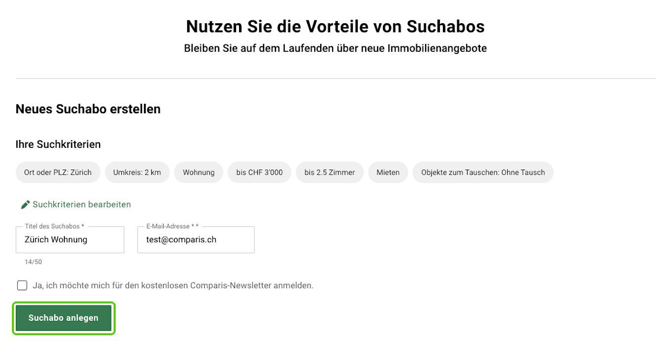 Formular «Neues Suchabo erstellen» mit Suchkriterien, Titel und E-Mail-Adresse.