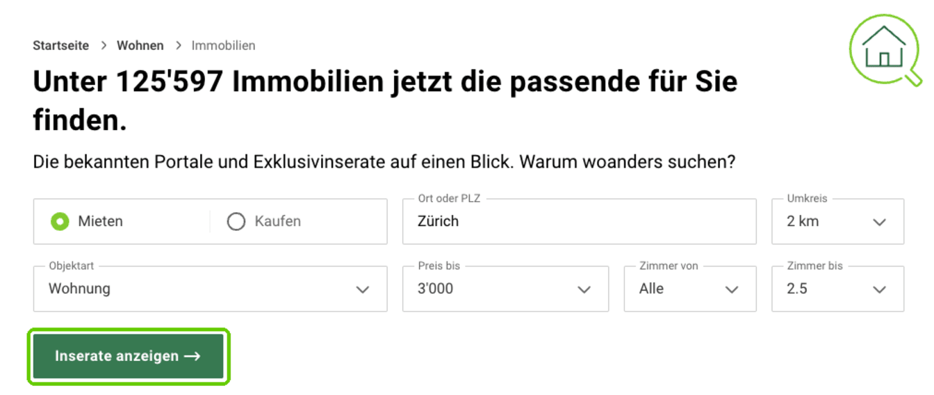Suchmaske im Immobilienmarkt von Comparis mit Ort, Umkreis, Objektart, Preis und Zimmerzahl.