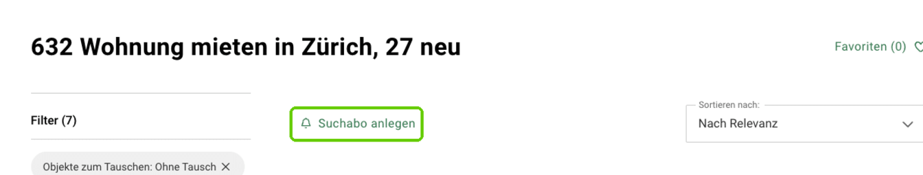 Resultatseite im Immobilienmarkt von Comparis mit dem Knopf «Suchabo anlegen» über der Trefferliste.