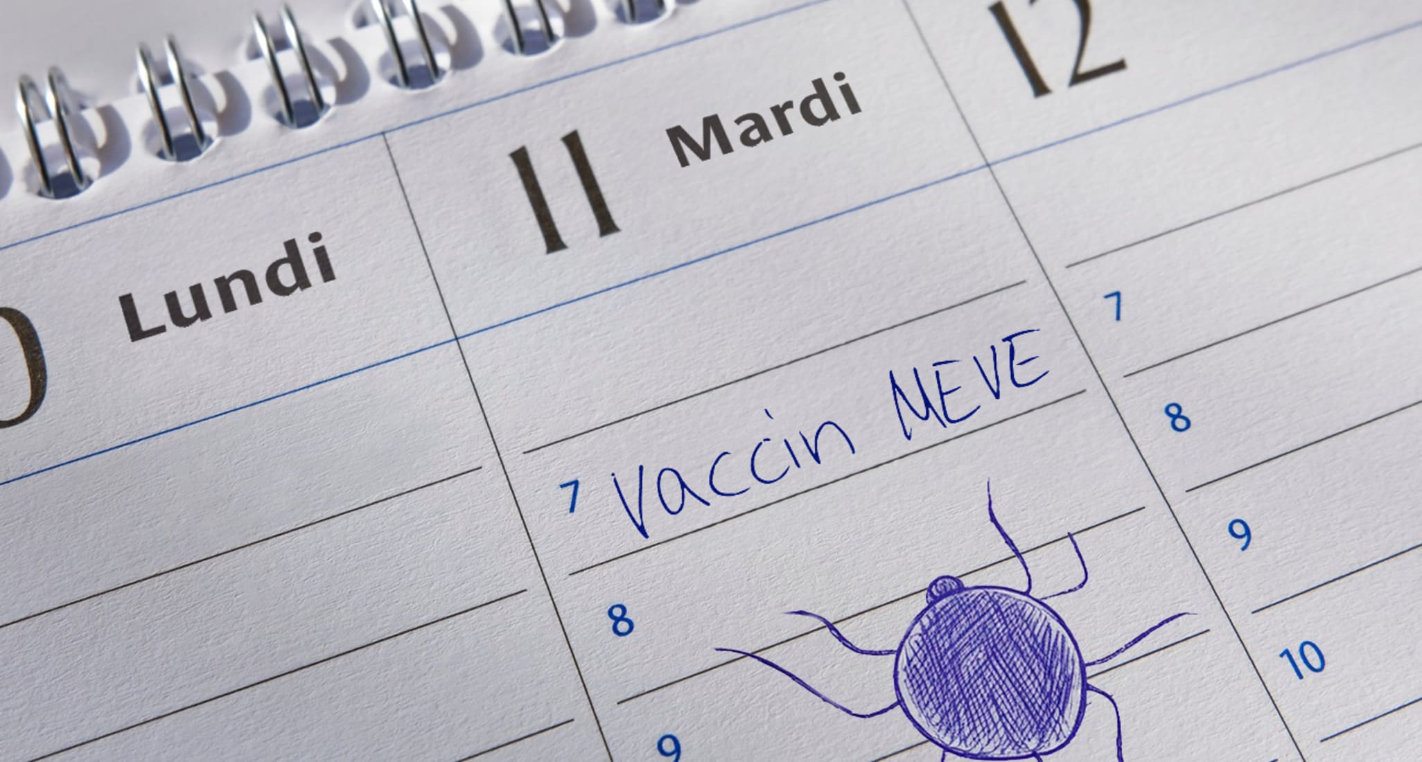 Un calendrier où se trouve noté un rappel de la rappelle la vaccination contre la MEVE.