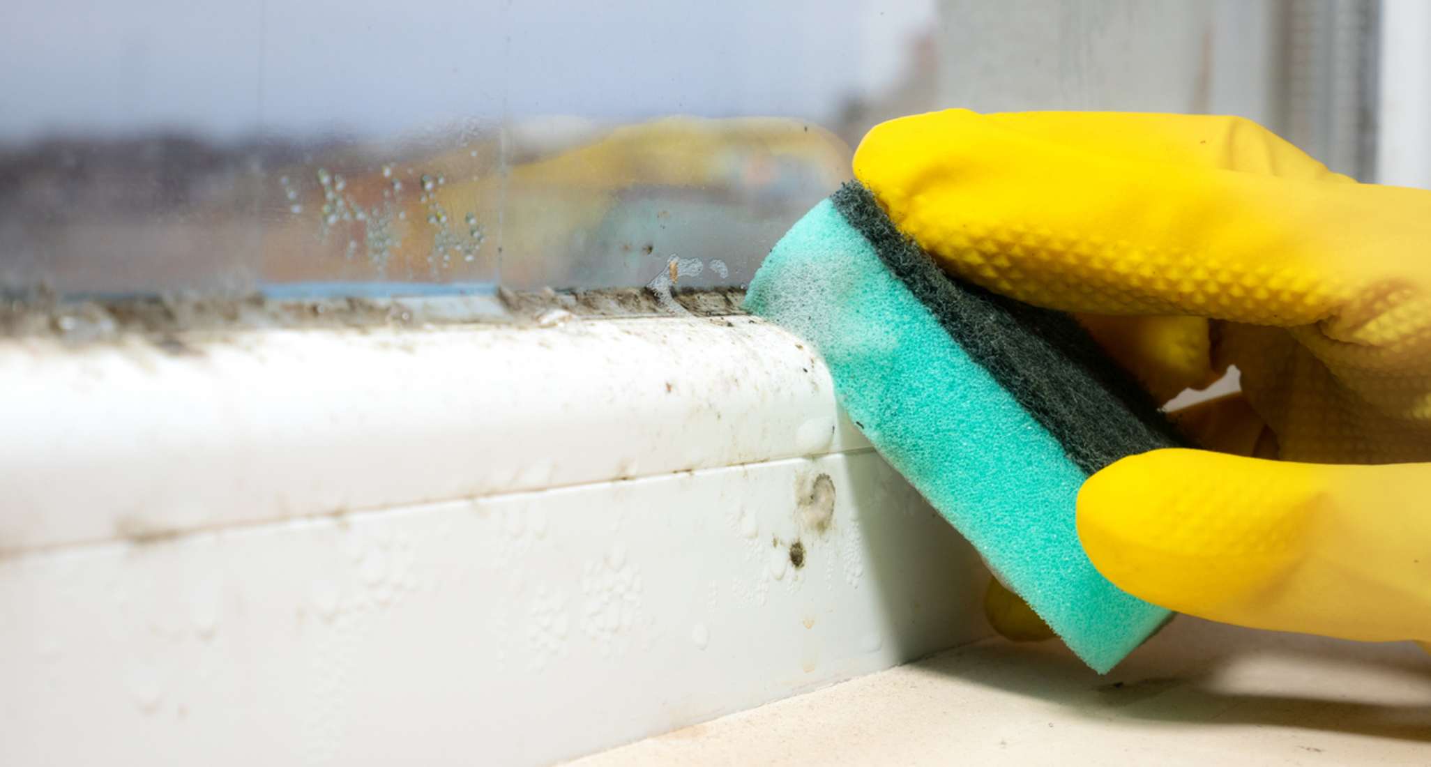 Une personne enlève la moisissure d’un cadre de fenêtre.