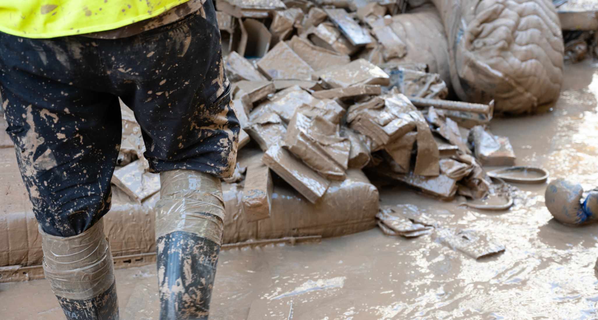 Eine Person vor schlammigem Hausrat nach einem Hochwasser.