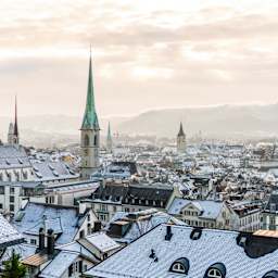 Zurich Old Town in winter, view of the snow-covered roof
