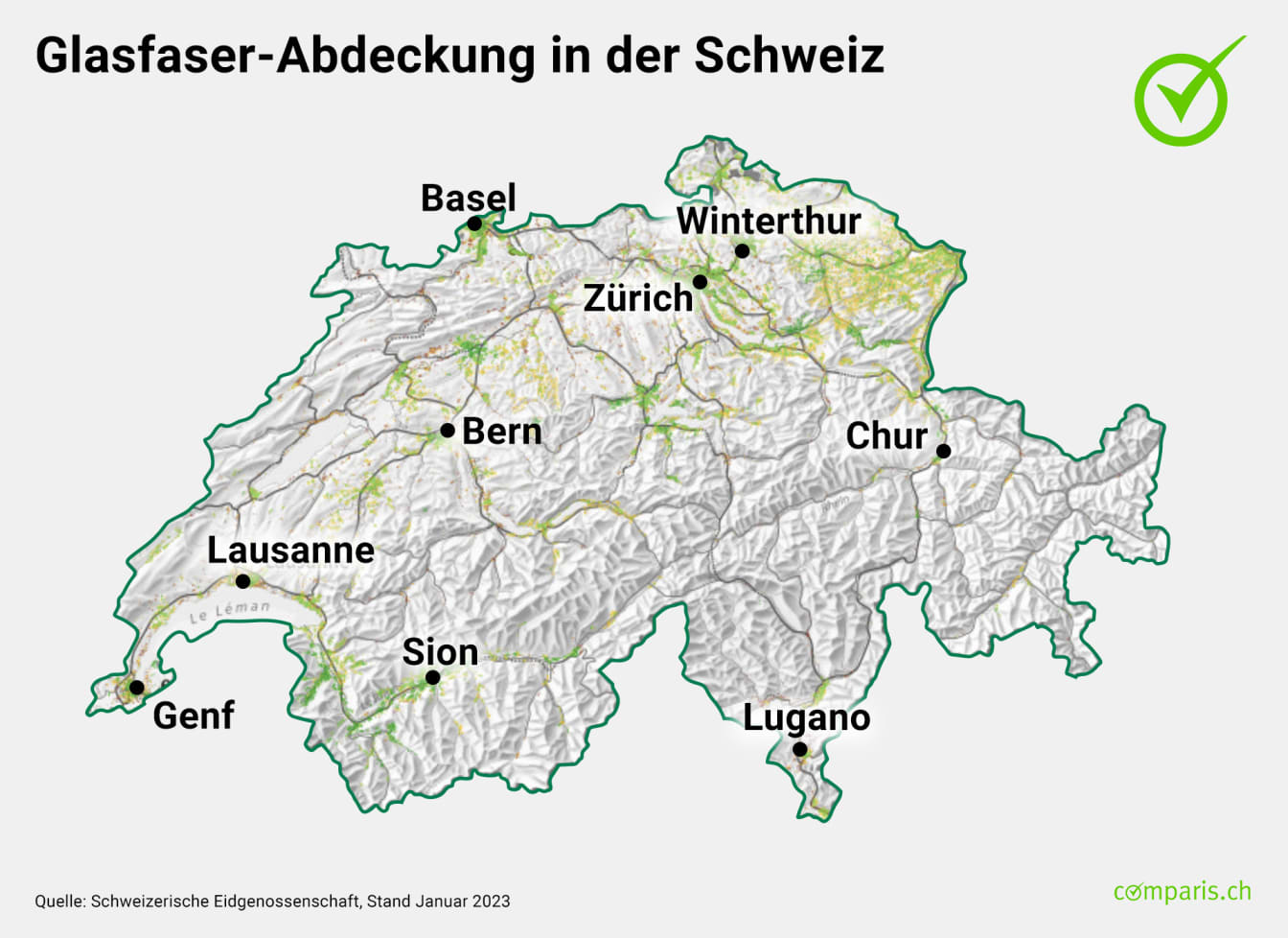 Eine Karte der Schweiz, die die Glasfaserabdeckung zeigt