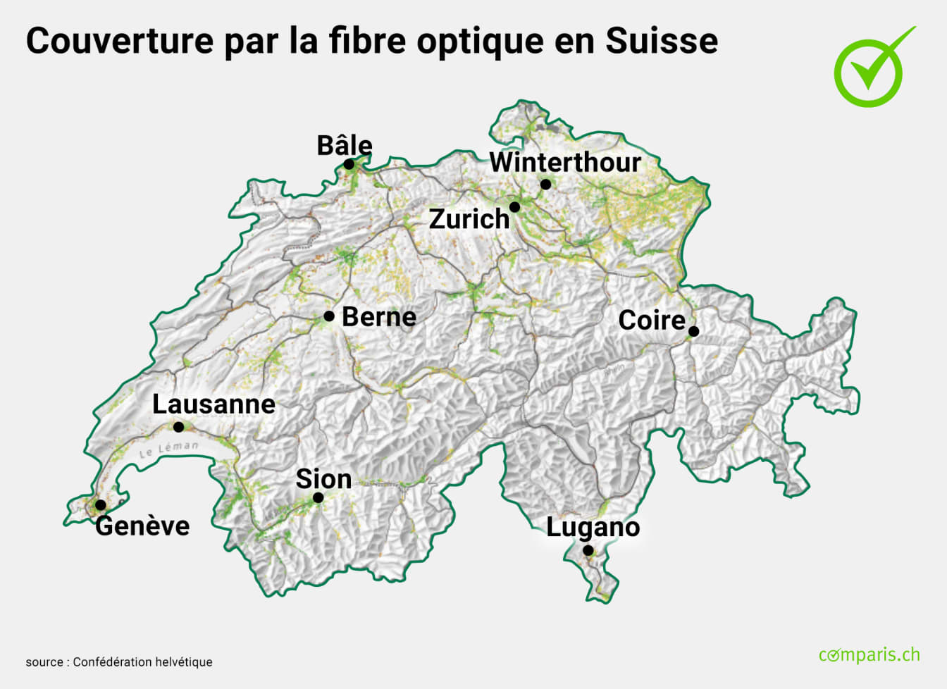 Une carte de la Suisse montrant la couverture par la fibre optique.