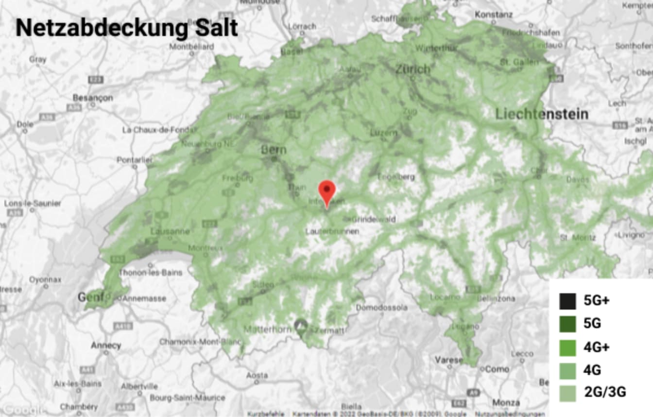 Schweizer Karte mit Netzabdeckung von Salt in den unterschiedlichen Regionen