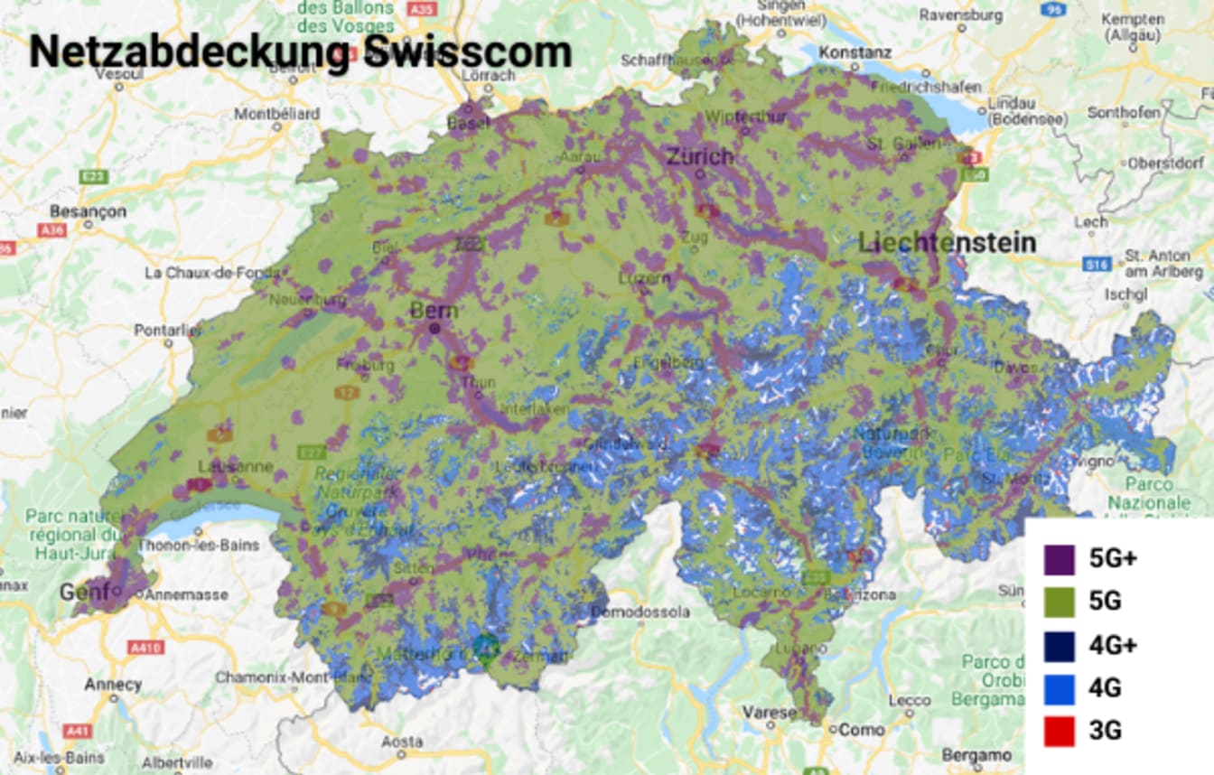 Schweizer Karte mit Netzabdeckung von Salt in den unterschiedlichen Regionen