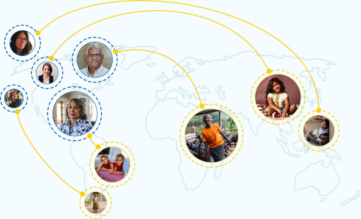 An illustration showing a map. Images of sponsors in Canada are connected with curving lines to those of children around the world